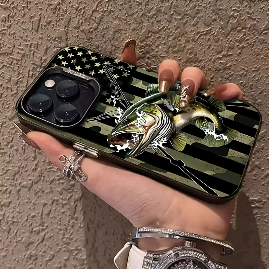 Jumping Bass Fish Phone Case, made of shockproof material, featuring a vintage-style design. Suitable for iPhone 17/16/15/14/13/12/11/X/XS/XSMAX/XR/7P/8P/16E/17E, it is a holiday gift for friends, family, and yourself.