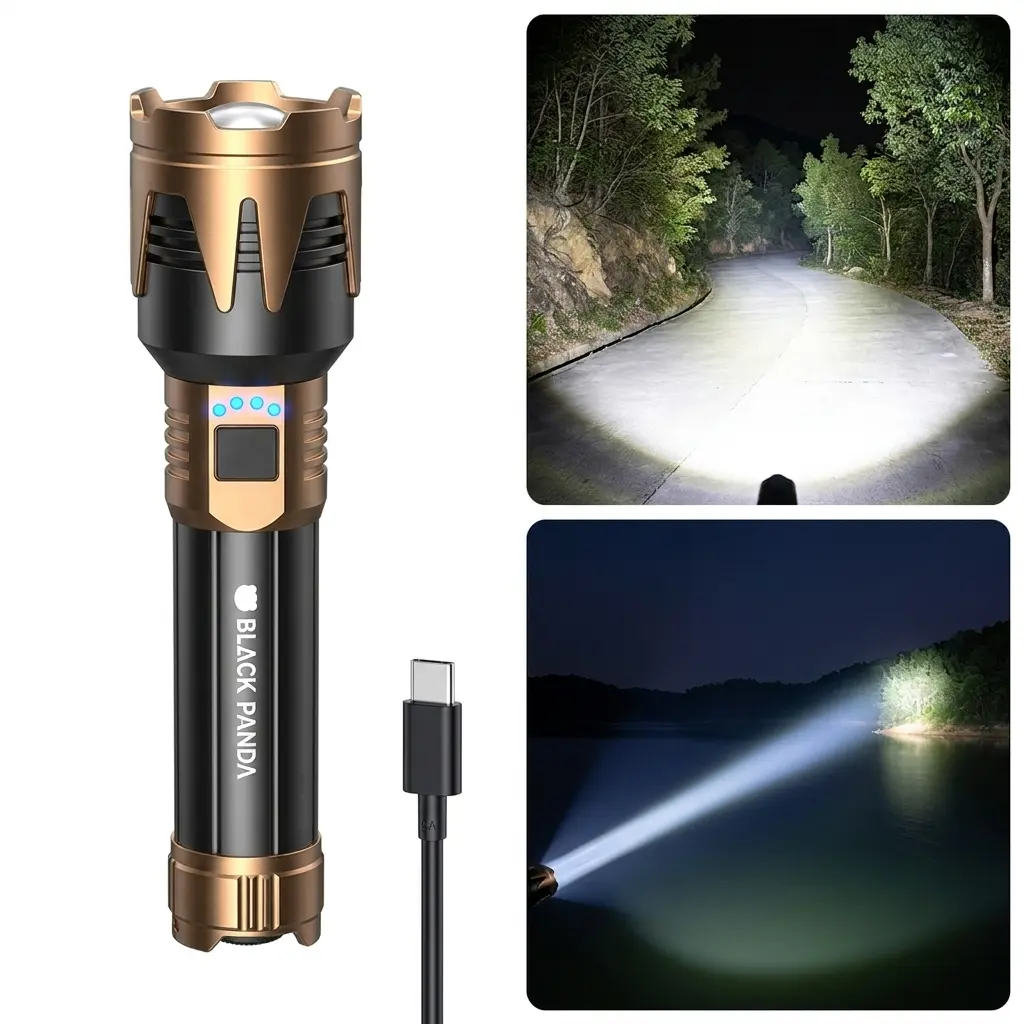 BLACK PANDA 525X Portable Rechargeable LED Flashlight, Adjustable-Focus Handheld Torch with Reversible Crown Head, 5 Light Modes, USB-C Charging and Battery Indicator for Camping, Power Outages, Car, Home and Emergency Use