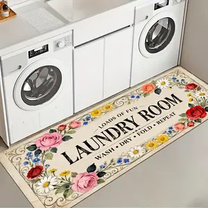 1 Pc Floral Laundry Room Rug, Floral Area Rug, Soft And Comfortable Rectangular Rug With Text Print Anti-Slip Floor Mat In Colorful Daisy And Rose Designs Suitable For Kitchen Living Room Bedroom Laundry Room Decoration Indoor Carpet