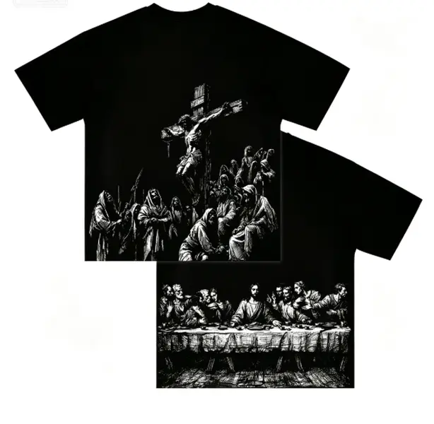 MeJend 12oz Heavyweight Cropped Tee, Jesus Print Oversized Tee, Streetwear T-Shirt, Gothic Art Heavy Cotton Shirt
