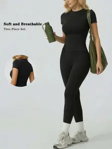 Two piece set women's loungewear set crew neck short sleeve long pants bodycon sporty yoga outfit high stretch leggings butt lifting waist shaping comfortable versatile figure flattering ladies casual pajama set Breathable Ribbed Set