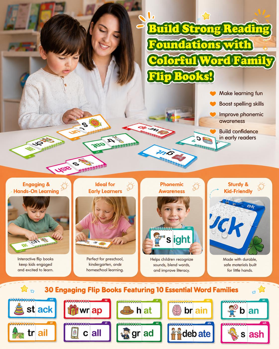 Kids Educational 30-Piece Flash Card Toy Set - ABC Alphabet Matching Cards, Phonics Books, Word Family Builders, Rhyme Tools, Early Literacy & Vocabulary Builder Learning Gifts