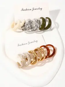 12pcs Vintage Metal Layered Earrings Set, Elegant Spiral Texture Resin and Large Arc Design, Women's Fashion Jewelry, Perfect Gift