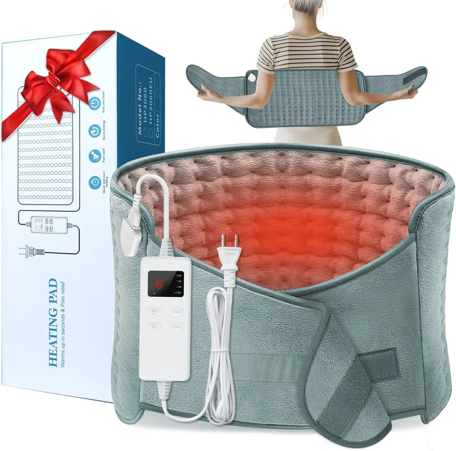 CAMKORY Electric Heating Pad - Menstrual, Multifunctional for Back Pain & Period Cramps, 12"x24"+20" Large Size with Belt, 6 Adjustable Heating Temperature Levels, 4 Timers, Auto Off, Machine Washable, Adult Gift, Menstrual Heating Pad