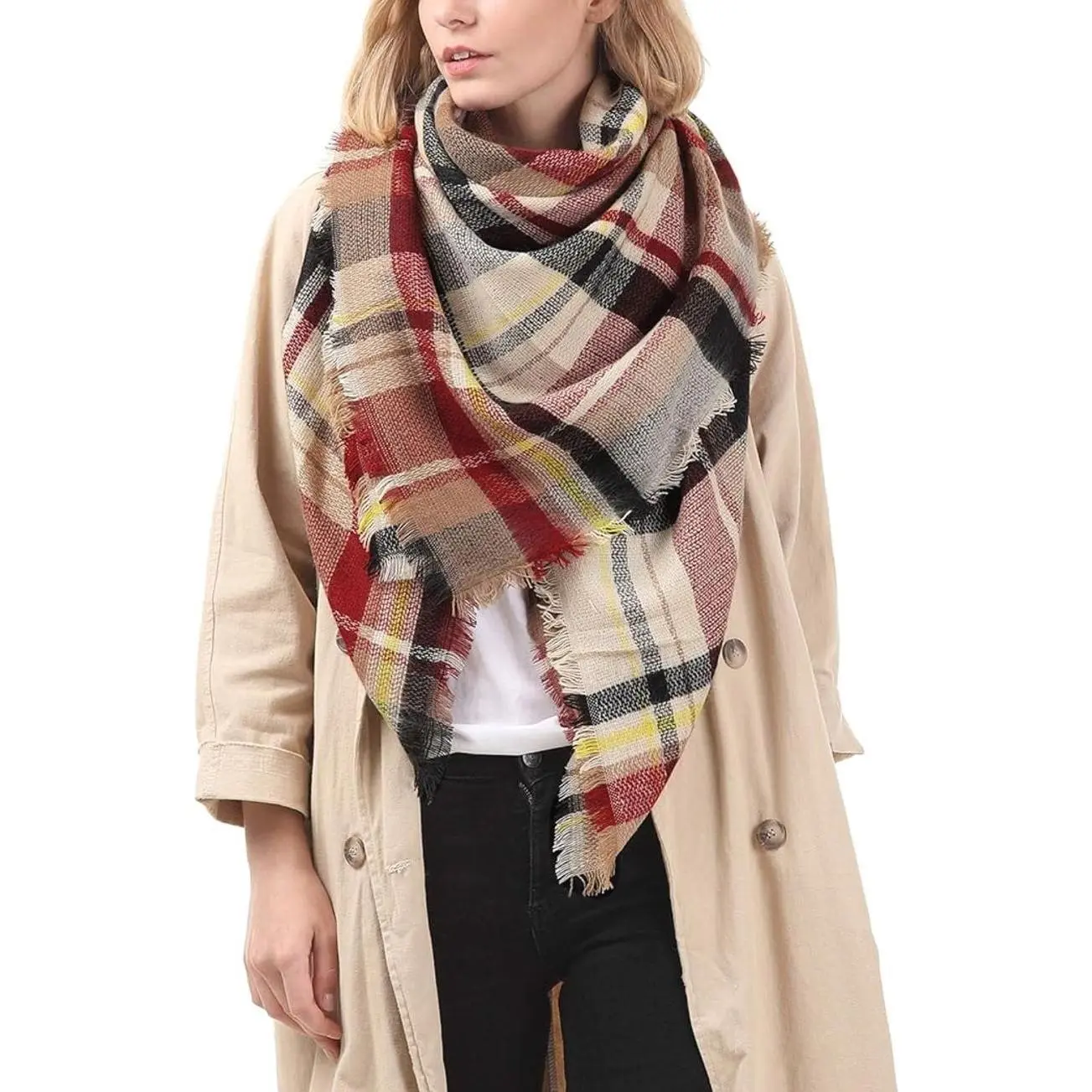 Women Plaid Blanket Scarf Soft Tassel Shawl Wrap Large Winter Warm Tartan Scarf for Outdoor Travel Casual Everyday Wear