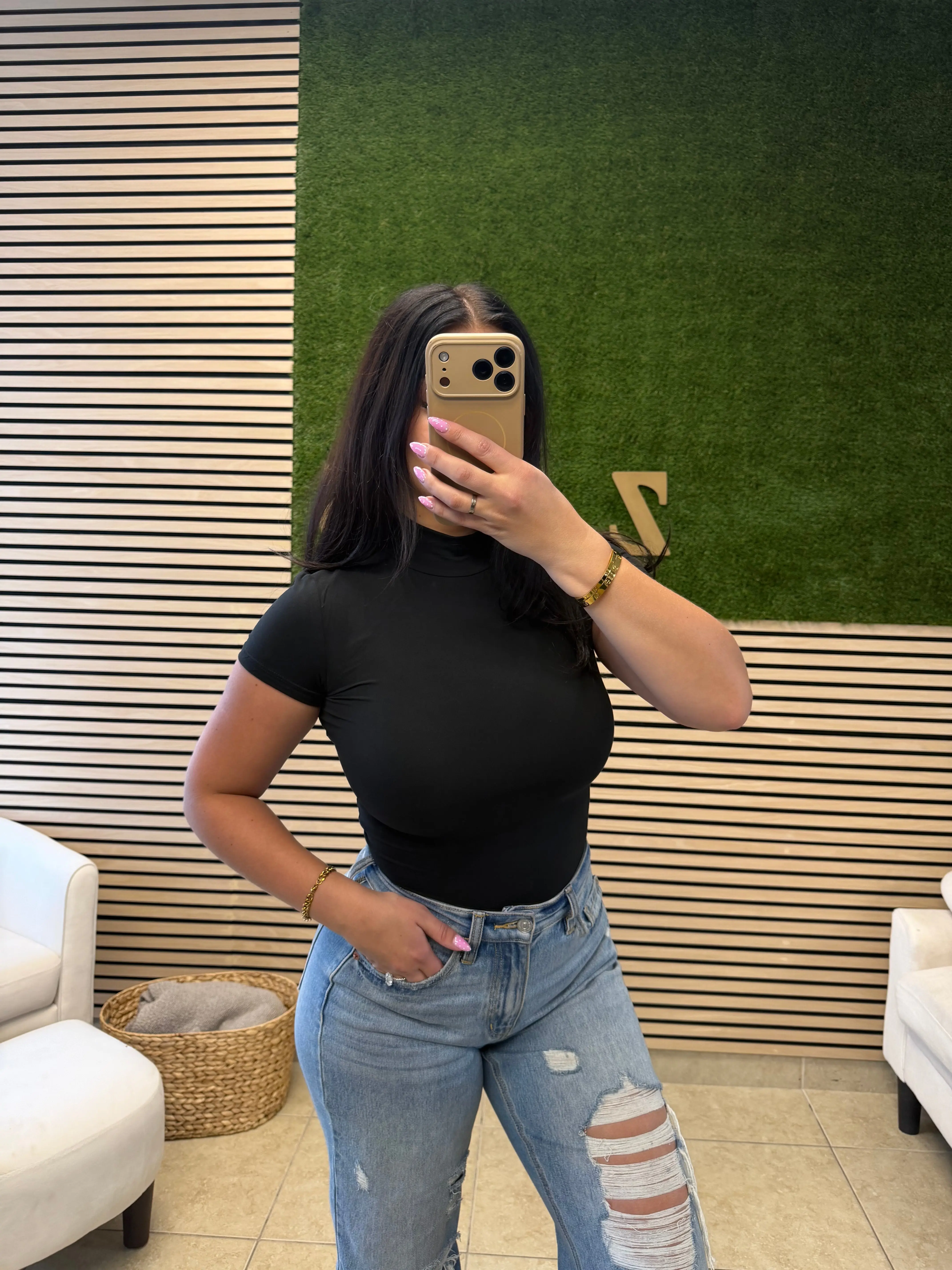 Buttery Soft & Smoothing Essential Short Sleeve Mock T-Shirt: BLACK