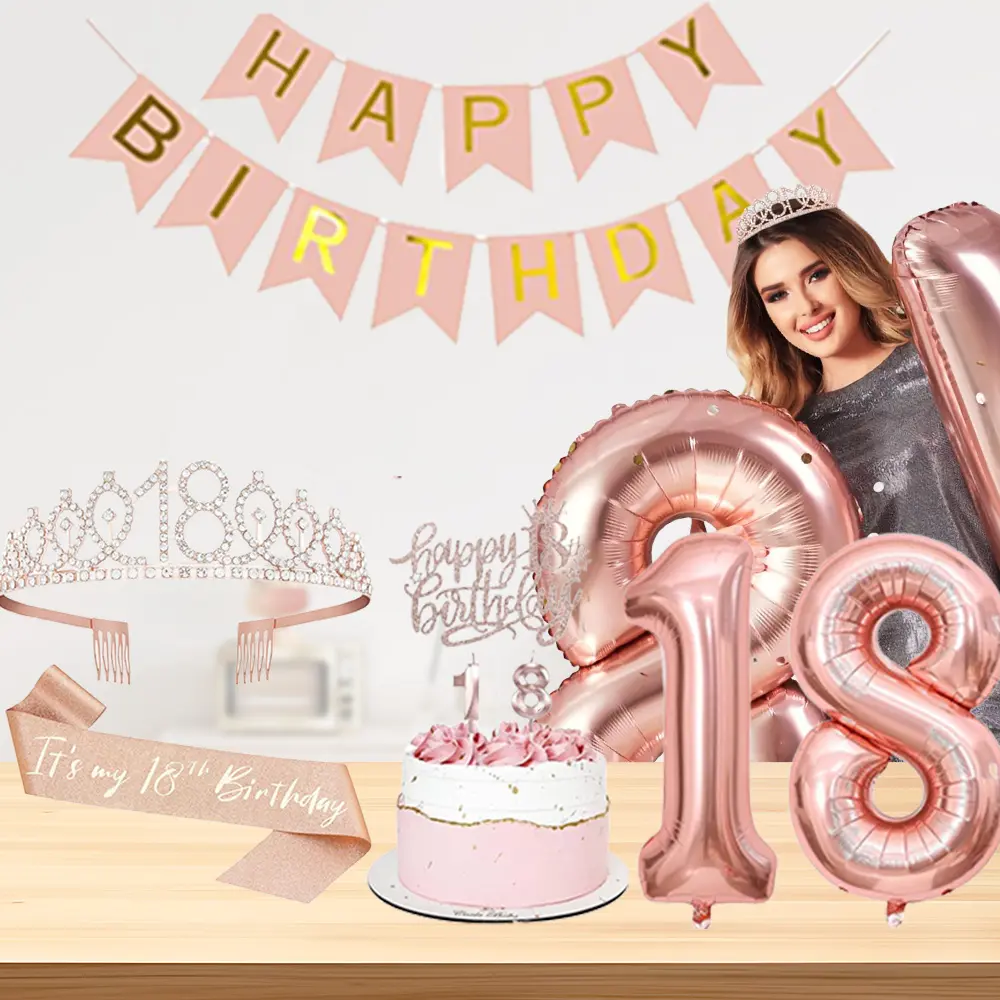 6 PCS 18th Adult Birthday Party Decorations, Including 18th Birthday Tiara and Sash, Happy Birthday Banner, Happy Birthday Cake Topper, Digital Candles, and Balloon Set