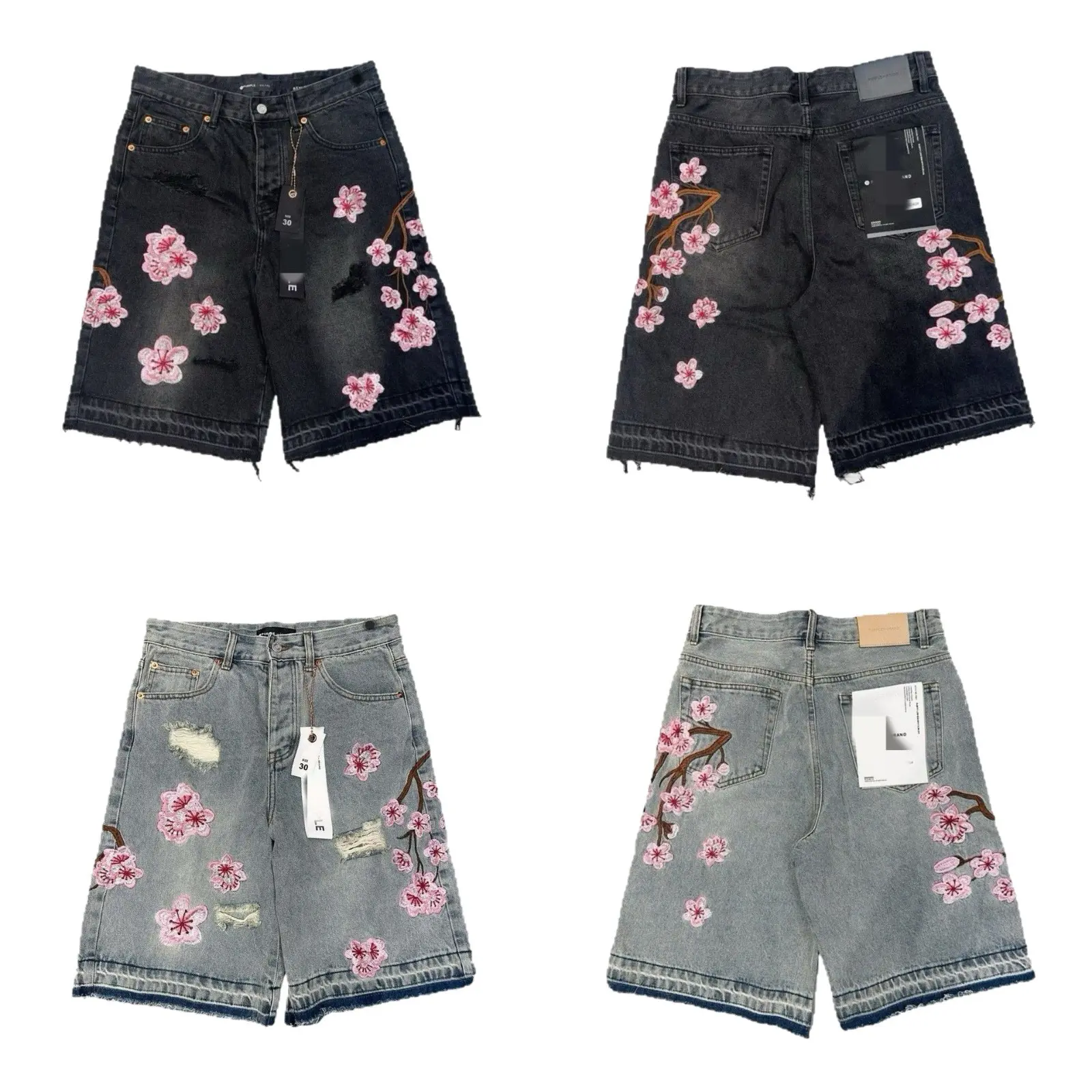 Streetwear Men Women Jean Shorts Harajuku Cherry Blossom Graphic Embroidery Baggy Shorts Y2K Goth Fashion Raw EdgeShorts drink beach short Denim Menswear