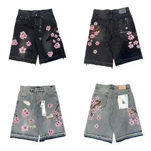 Streetwear Men Women Jean Shorts Harajuku Cherry Blossom Graphic Embroidery Baggy Shorts Y2K Goth Fashion Raw EdgeShorts drink beach short Denim Menswear