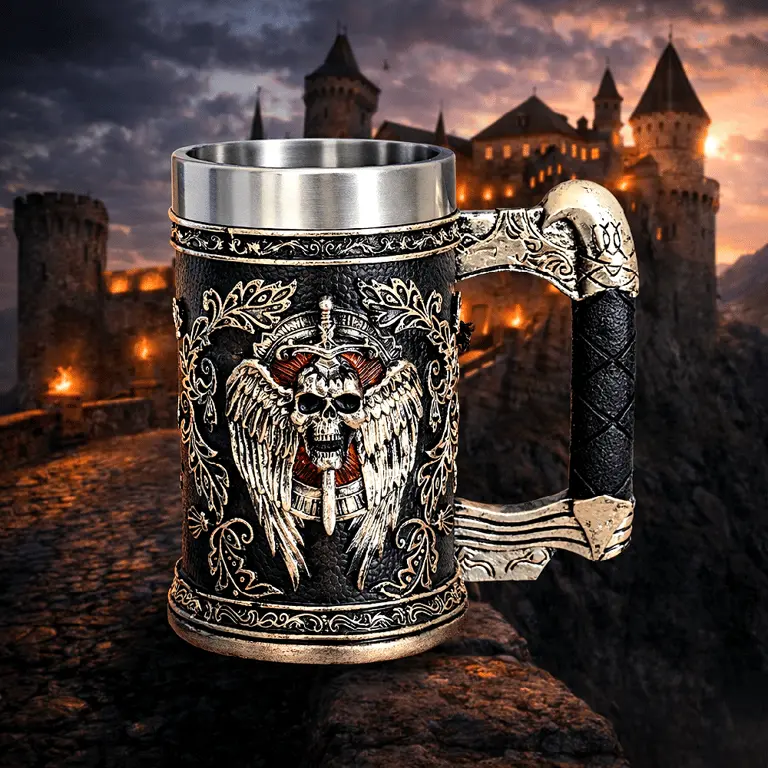 The Armored Kingdom 16oz Winged Wrath Stainless Skull Mug - Cold Cast, Steel Inner, Reusable, Washable, Medieval Fantasy Style, Premium Crafted Kitchenware Drinkware, Gift-Worthy, Personalized, Must-Haves for Champions, With Ring Sizer & Crown Keychain