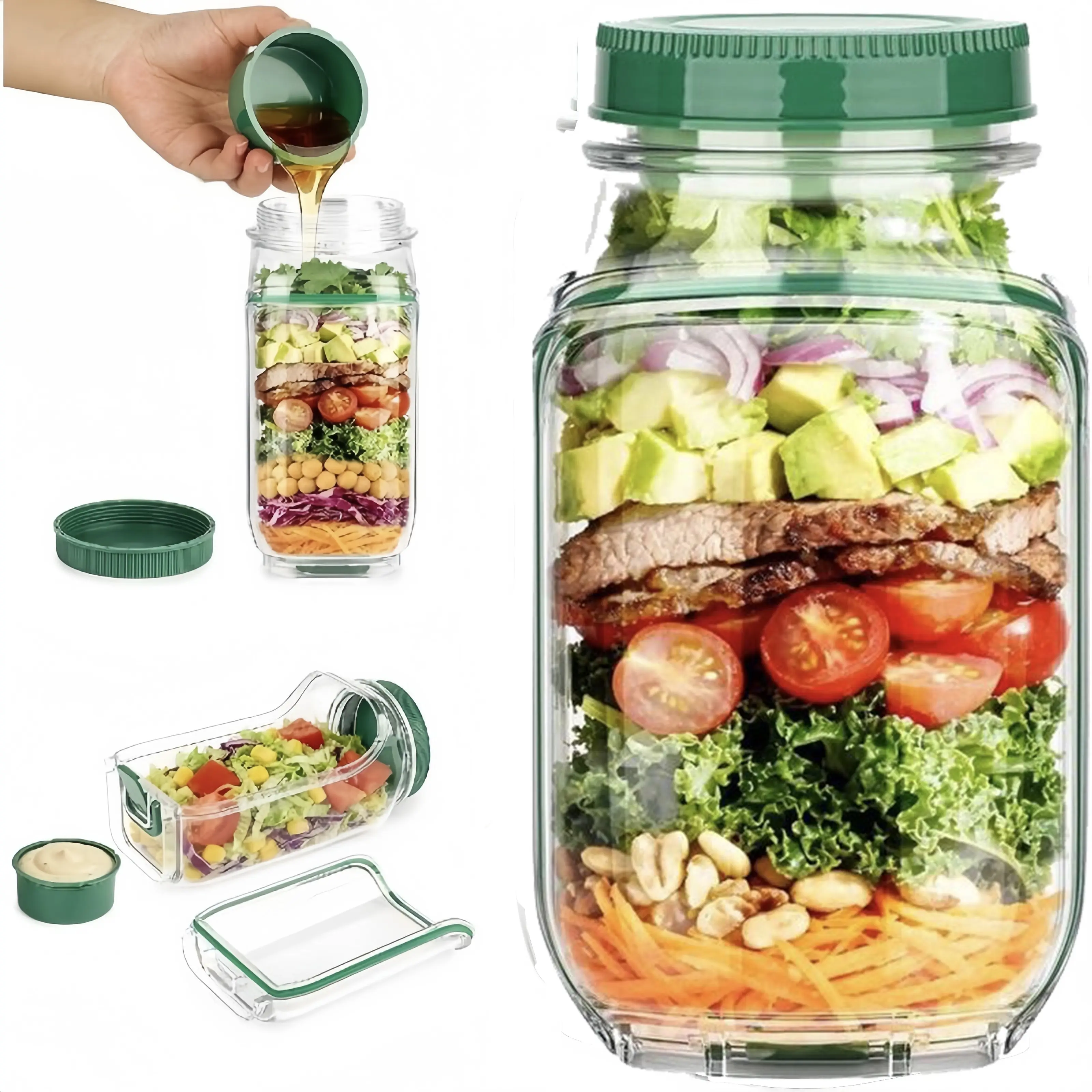 【Free Fork Gift】Salad Jar Salad Pod with SideOpening,Salad Jar with SideAccess for Lunch. Portable SaladDressingContainer with Lid,Leakproof DressingCompartment for Travel.