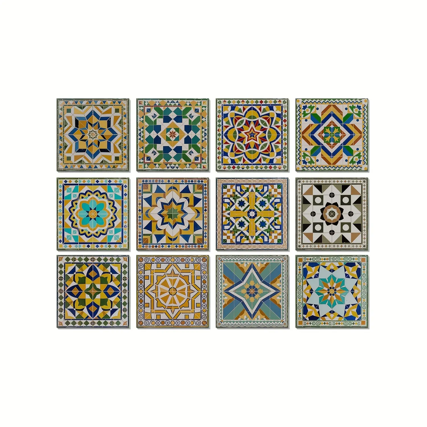 Set of 12 European Style Printed Brick Wall Stickers, Mandala Self-Adhesive Vinyl Tiles, Bohemian Kitchen Splashback, Bathroom Decor
