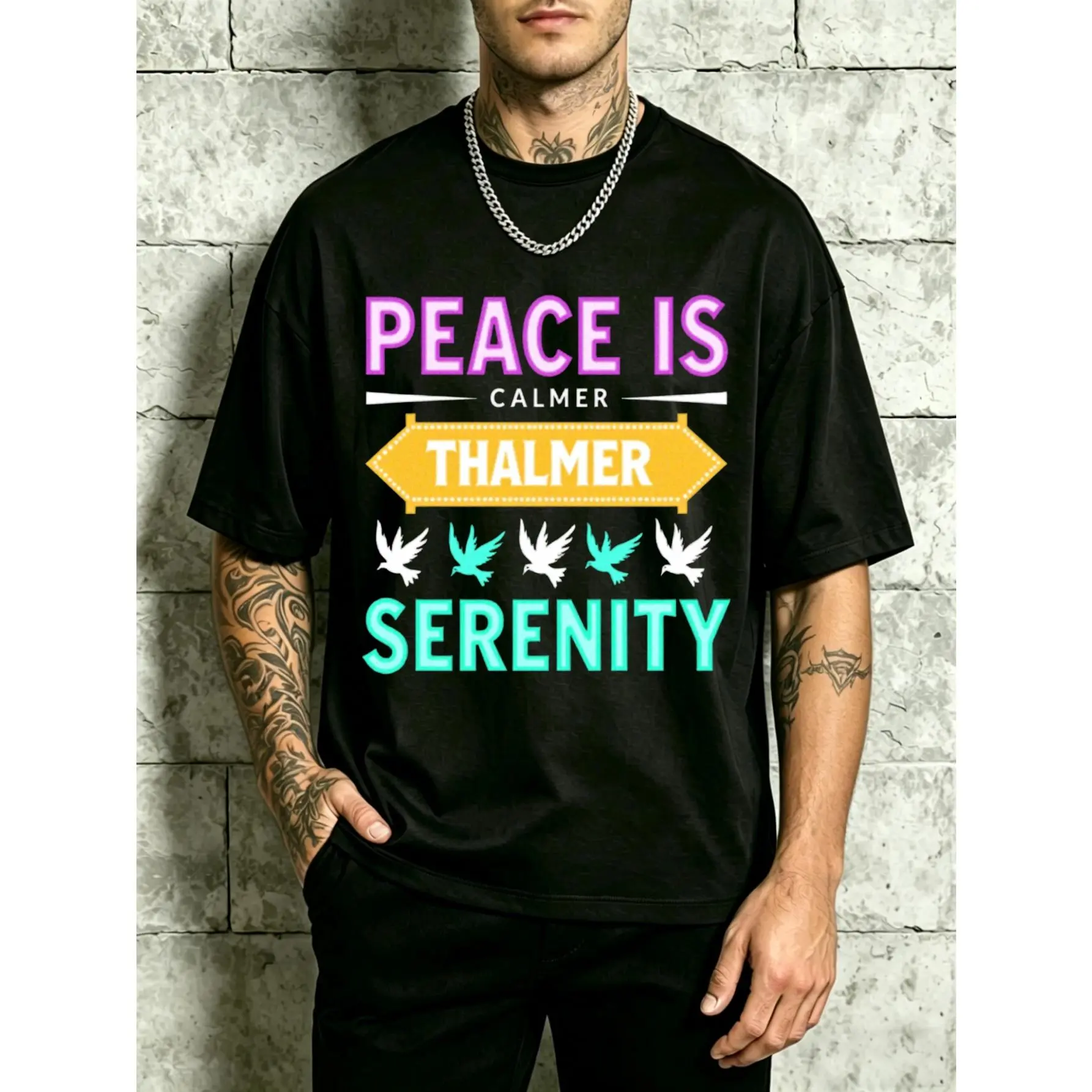 “Peace and Serenity” Thalmer Serenity Design Men’s Crew-Neck T-Shirt, relaxed fit, 100% stylish and versatile, made from soft, comfortable fabric—perfect for everyday wear and as a holiday gift. With a peace-and-serenity