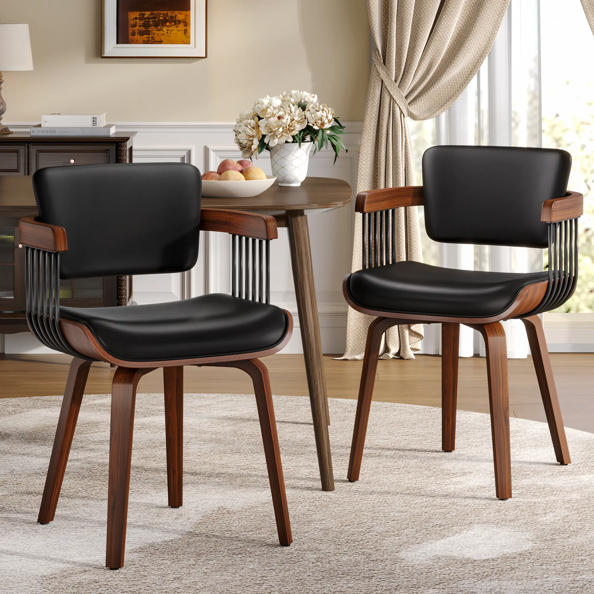 Aowos Dining Chairs, Mid Century Modern Kitchen Chair with Arm and Wood Legs, Upholstered PU Leather / Fabric for Dining Room, Modern Stylish Arm Chair for Kitchen, Restaurant, Living Room, Cafe, Black, Gray, Light Gray