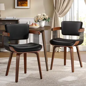 Aowos Dining Chairs, Mid Century Modern Kitchen Chair with Arm and Wood Legs, Upholstered PU Leather / Fabric for Dining Room, Modern Stylish Arm Chair for Kitchen, Restaurant, Living Room, Cafe, Black, Gray, Light Gray