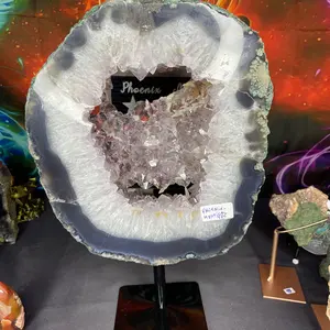 Amethyst sliced portal crystal is mesmerizing with purple hues of 10 inches tall and with 12 inches with black metal spinning stand