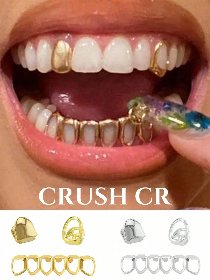 CRUSH CR 3pcs Copper 18K Gold Plated Open Face Hollow Single/Multi-Tooth Grillz, Gold/Silver Options, Unisex Hip-Hop Tooth Jewelry For Black Women, Girls & Men, Suitable For Parties, Street Fashion & Daily Wear, Teeth Cover Girls