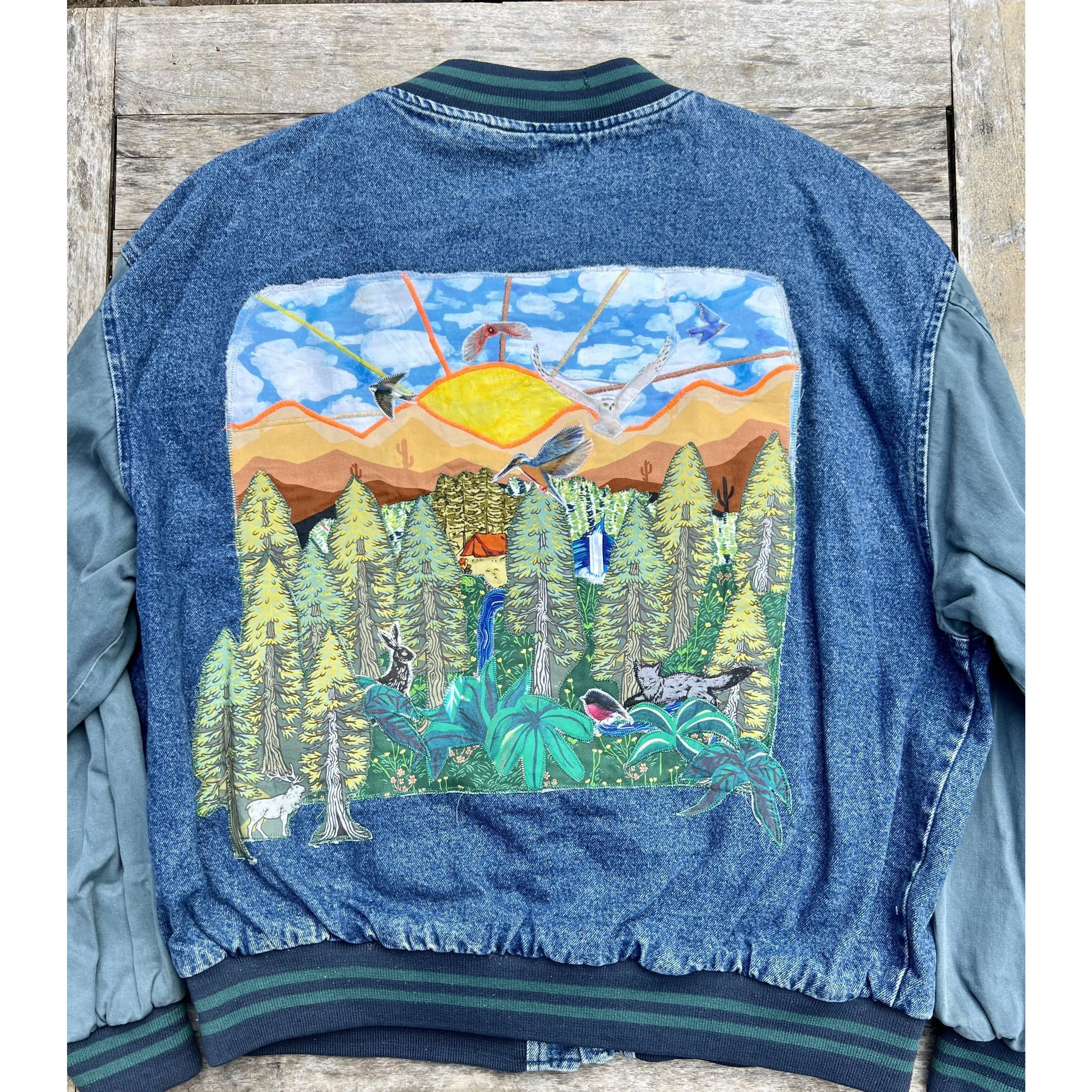 My Camp Site in the Forest Upcycled Denim Jacket