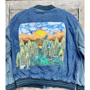 My Camp Site in the Forest Upcycled Denim Jacket