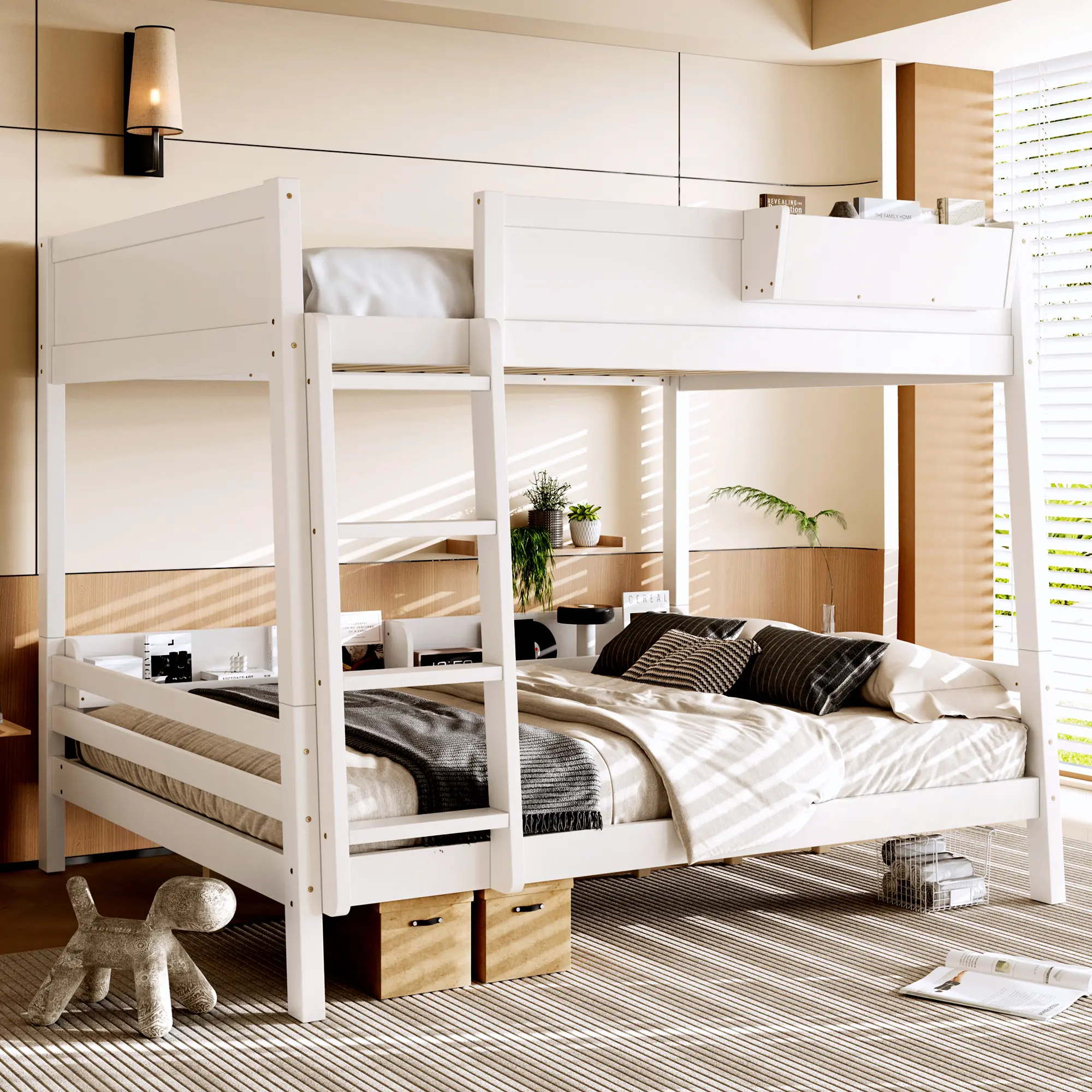 Bellemave Wood Bunk Bed - Sturdy Bed Frame with Ladder, Guardrails, Storage Shelf, Bookshelf and Detachable Design, Wood Platform Bed
