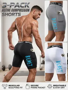 Men's 3-Pack Active Compression Shorts with Side Phone Pocket - Muscular Sculpting Fit Gym Spandex Shorts, Breathable Stay-Dry Performance Workout Running Tights Set