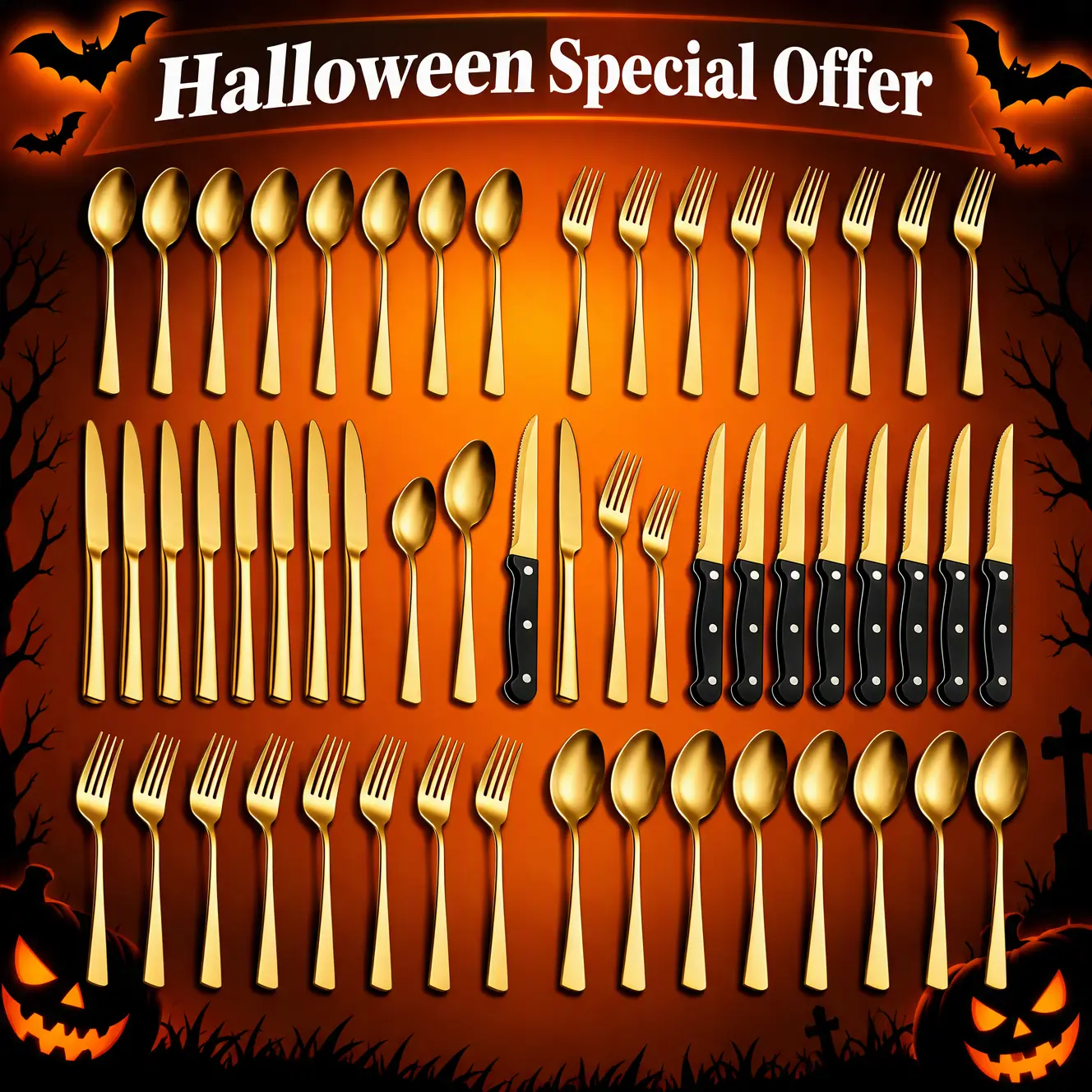 【Halloween Season Find】24/48 Piece Black Silverware Set with Steak Knives Flatware Tableware for Home Restaurants Hotels Weddings