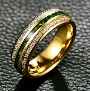 Meteorite Green Tungsten & Meteorite Men's Band Ring Gold-Tone with Green Inlay Unique Design