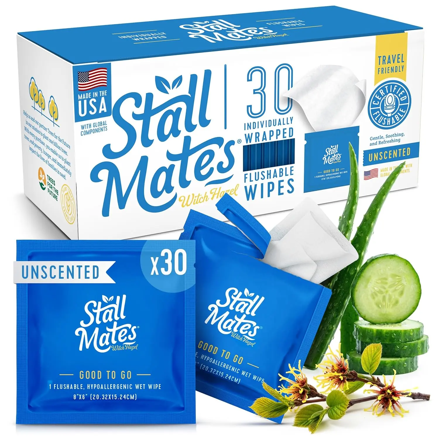 Stall Mates Witch Hazel: Flushable Wipes, Individually Wrapped, Travel Friendly, Soothing Witch Hazel, Unscented with Cucumber, Aloe and Chamomile, (30 on-the-go singles)