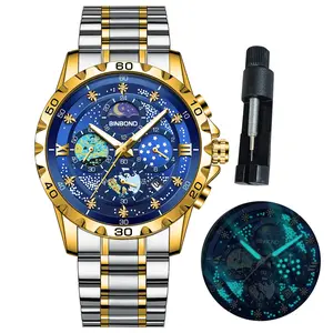 BINBOND watches for men  jamtangan  Starry Sky Moon Phase Dial Luxury Diamond Business Dress Fashion Classic Casual Date Wrist Watches for Men Waterproof Luminous G3225
