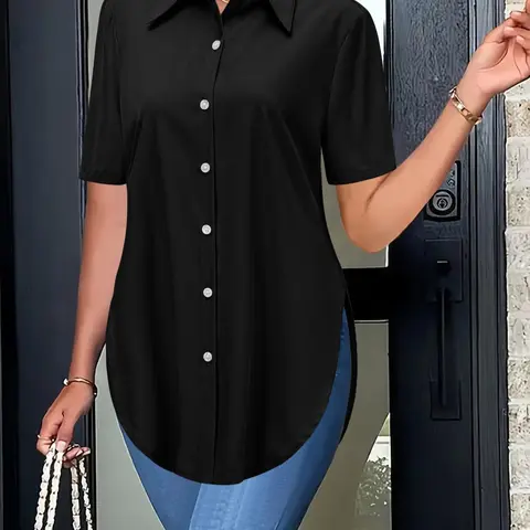 Women's Plain Curved Hem Minimalist Basic Fitted Button Shirt Blouses, Casual Short Sleeve Button Down Top for Summer, Collared Neck Blouse, Ladies Clothes for Everyday Wear Womenswear