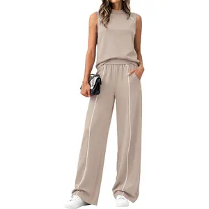 Two Piece Sets for Women Summer Outfits 2026 Lounge Sets Mock Neck Tops Wide Leg Pants Travel Fashion Clothing