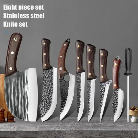 【Black Friday】 Professional Forged Kitchen Knife Set - High Carbon Stainless Steel Knives with Ergonomic Wood Handles, Japanese Damascus Blade Pattern, Copper-Nail Grip, Sharpening Accessory, Roll-Bag Carry, Ideal Gift Choice for Home Kitchen Use