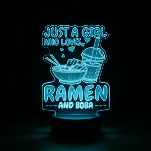 "Just A Girl Who Loves Ramen & Boba" 3D Illusion Lamp | Remote & Touch Control | Bedroom Decor & Gift for Foodies