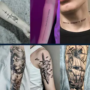6 Pieces Herbal Temporary Tattoos - Medusa, Dagger, Sailboat, and Wolf Patterns | Waterproof and abrasion-resistant |   7-15 days Realistic appearance | Painless Alternative to Traditional Tattoos, English, Suitable for Those Afraid of Pain