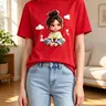 Women's Premium Soft Cotton Fitted Graphic T-Shirt - Short Sleeves, Crew Neck, Elastic, Blush Pink Aesthetic, Bow Back, Lightweight, Color-Sorted Wash, Cartoon Girl & Clouds Print, New Year, Valentine's Day, Girly Feminine Items, Casual Top