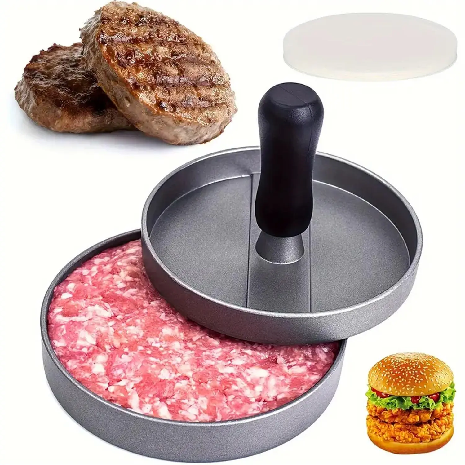 Burger Press with 100 Patty Papers, Non-stick Hamburger Mold with Wax Patty Paper Sheets, Meat Beef Cheese Veggie Burger Maker for Grill Griddle Barbecue Cooking Kitchen Gadget, Kitchen Tools and Gadgets