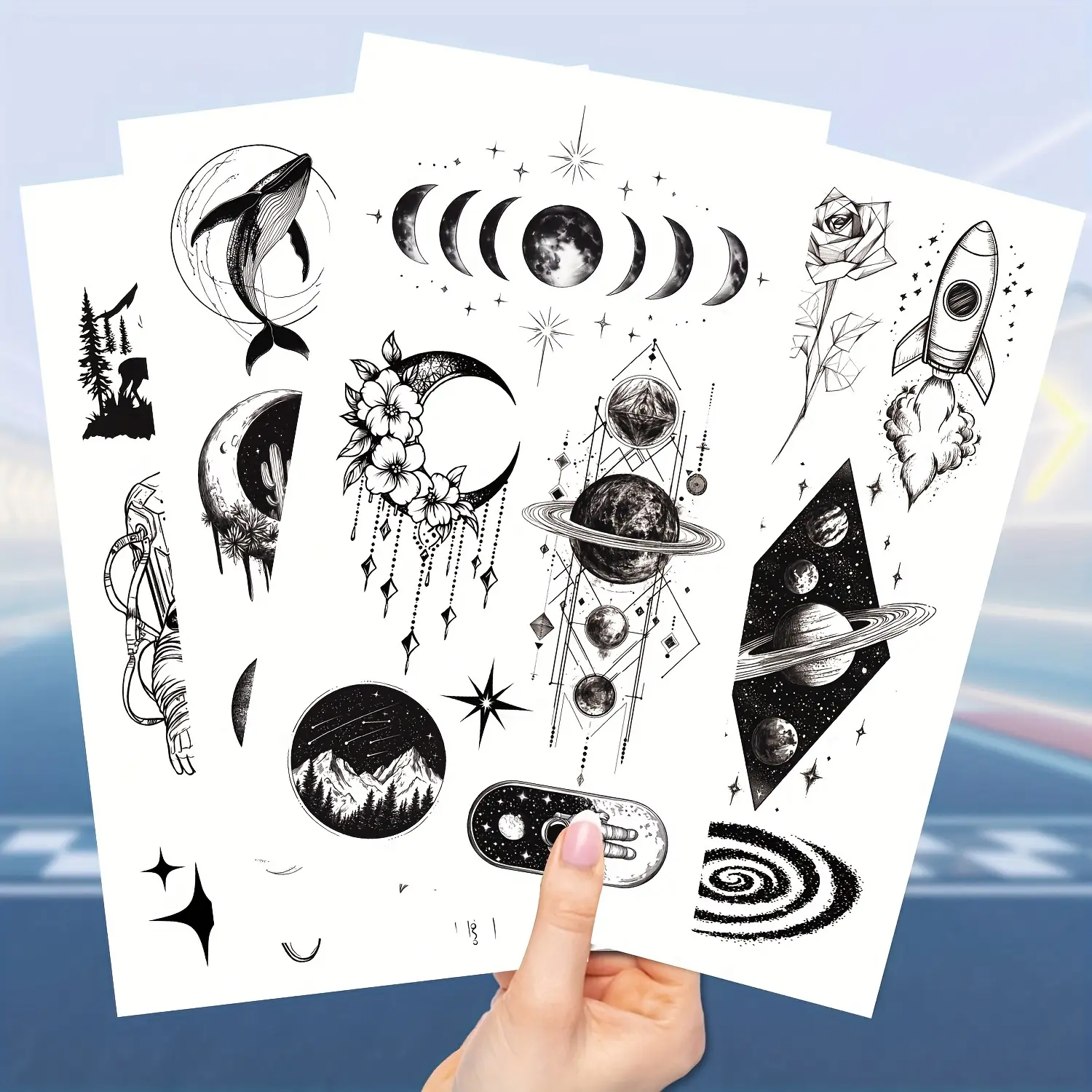 10-Piece Black Space Sticker Tattoos - Nontoxic Fake Tattoos with Geometric Planet, 3D Star Moon Sun, Solar System, Astronaut, Galaxy Designs, 3D Sleeve & Body Arm Art Decals for Adults, Easy Apply, Durable and Removable, Casual Use
