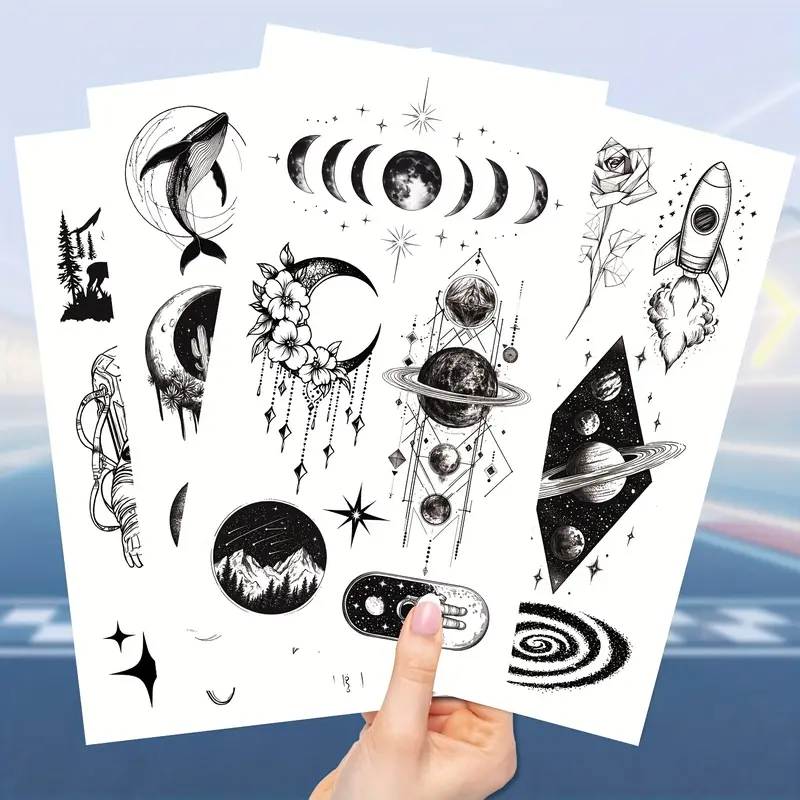 10 Pieces Black Space Temporary Tattoo, Geometric Planet Fake Tattoo Sleeves, Suitable for Women Men Adult, 3D Star Moon Sun Solar System Tattoo Sticker Universe Astronaut Galaxy Arm Art Design-Easy to Apply and Remove, Durable and Durable.