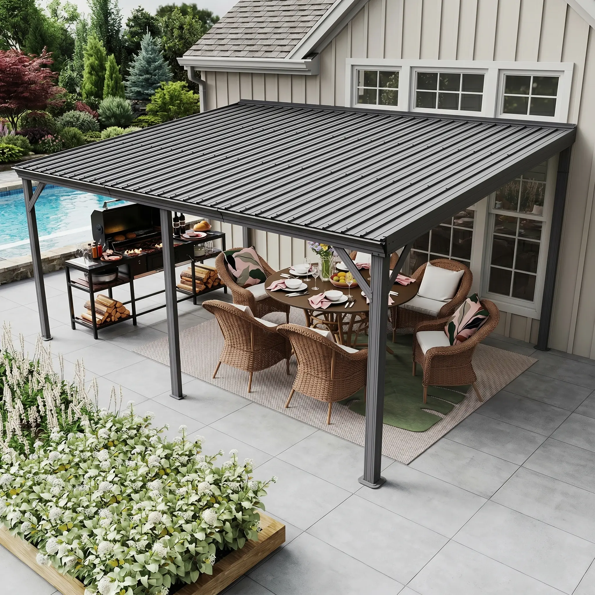 Galvanized Steel Pre-Engineered Flat Top Lean-to Gazebo - Wall-Mounted Sturdy Metal Canopy with Gutters, 60MPH Wind Resistance, Anti-Ultraviolet Sun Protection, Stable Outdoor Patio Deck Shelter