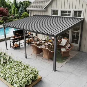 Large Hardtop Gazebo, Lean to Wall Mounted Design with Gutters & Galvanized Steel Roof, 60MPH Wind Resistance, Heavy Duty Metal Canopy for Patio, Deck, Lawn