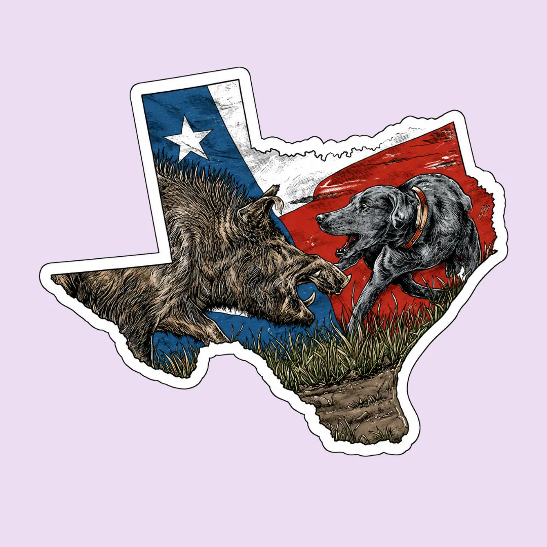 Texas Hog Hunting Sticker, Hunting Dog Decal, Wild Boar Hunter Sticker, Texas Flag Hunting Sticker, Waterproof Vinyl Decal, Gift for Hog Hunters
