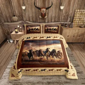 Feelyou Decorative Bedding Set - Kawaii Farm & Western Cowboy Themed, Digital Print Microfiber Decorative Bedsheet Sets, Breathable Soft Galloping Horse Design, Multi-Size