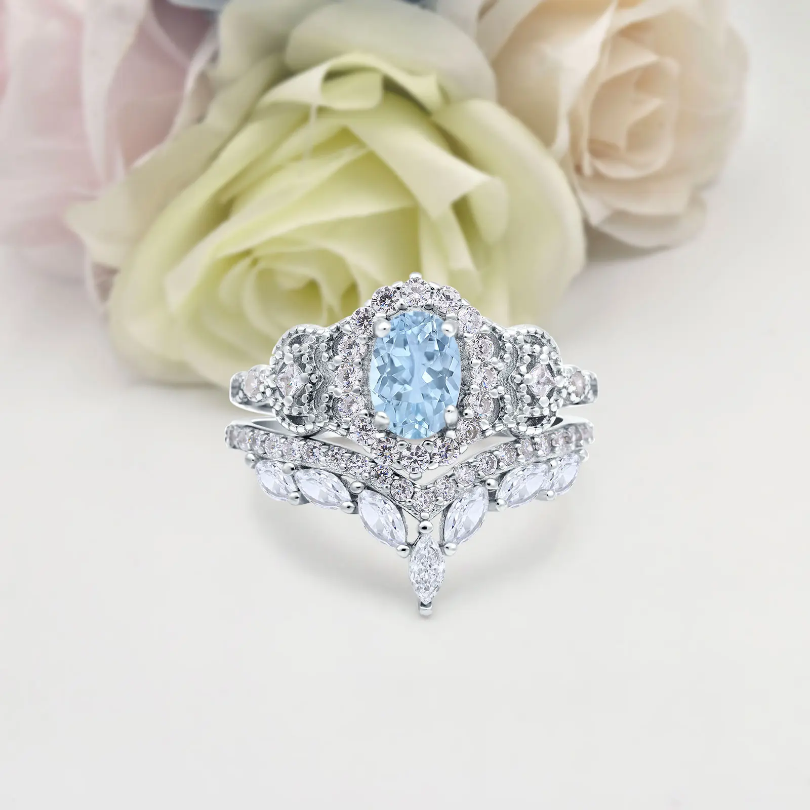 Two Piece Set Chevron 1.21 Carat Natural Aquamarine Ring Bridal Band Wedding Oval Shape 925 Sterling Silver 21mm