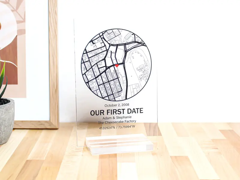 First Date Map Acrylic Plaque, Love Map Acrylic Sign, Where We Met, Anniversary Gift, gift for her, valentines day gifts for him and her Box Decor Decoration Glass Wood Wooden Print Name Only