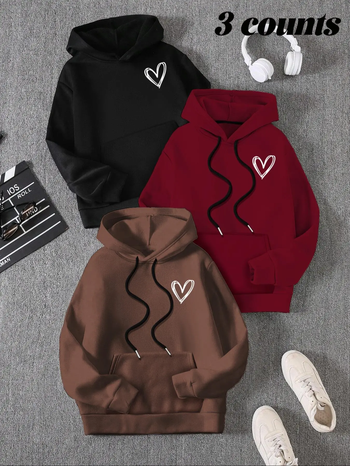 Women's Heart Love Print Drop Shoulder Drawstring Long Sleeve Loose Fit Hoodie, Fashion Casual Kangaroo Pocket Hooded Sweatshirt for Daily Holiday Outdoor Wear, Women Clothing for Fall & Winter, Tops, Womenswear