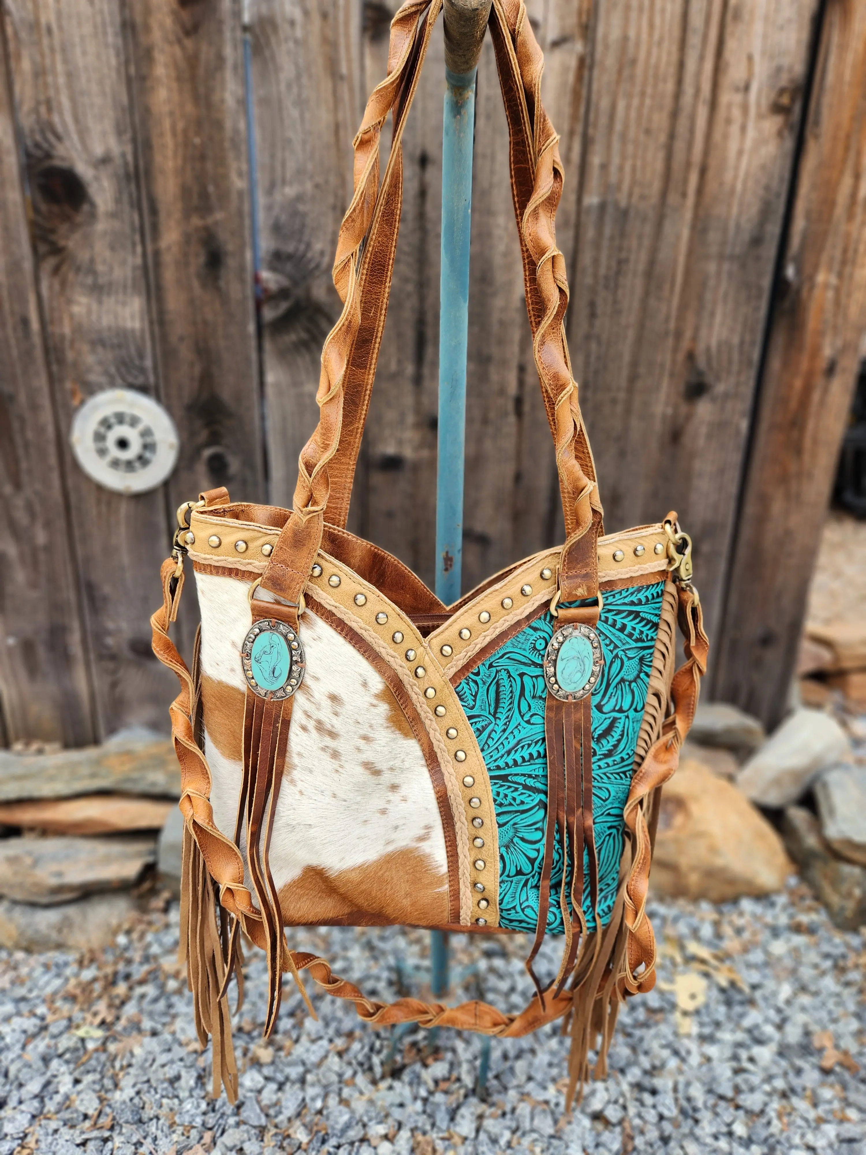 Western Tooled Genuine Leather Fringe Tote Bag Turquoise Color Shoulder Bag