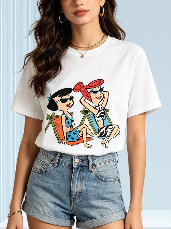 Women's Soft Cotton Short Sleeve Crew Neck Fitted Cropped T-Shirt - Lightweight Stylish All-Seasons Top with Heat Transfer "Sunbathing" Cartoon Print, Bow Detail, H-Type Cut, Do Not Bleach (for Valentine's Day, Christmas)