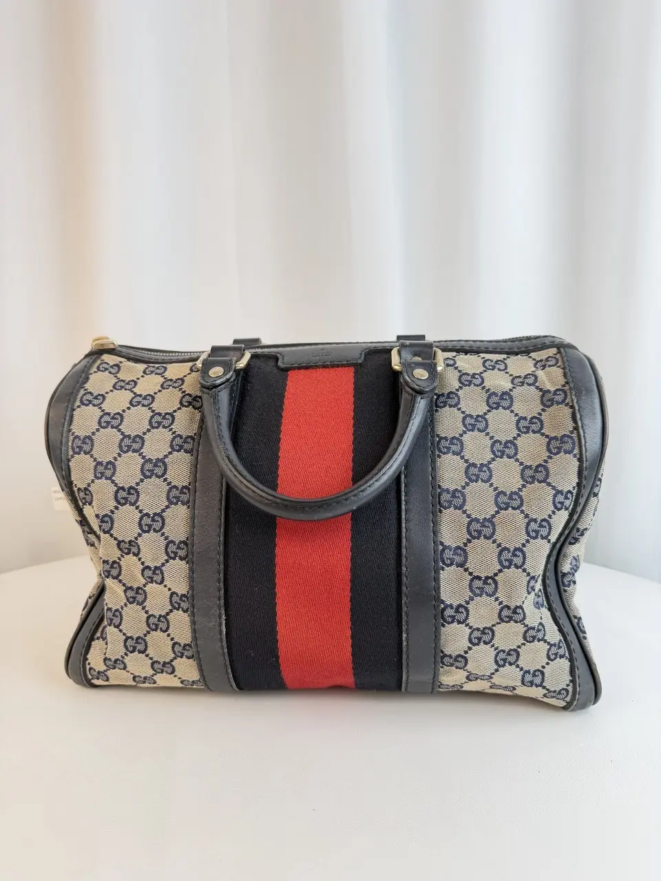 Pre-owned GUCCI calfskin luggage GG Canvas Joy Boston Handbag with Web Stripe