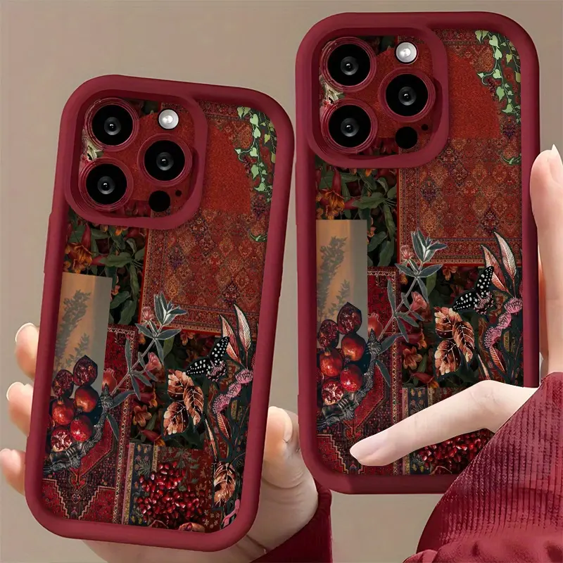 Vintage Luxurious Floral-Pomegranate-Butterfly Collage Pattern Frosted Matte Smartphone Case for iPhone Series (16/16Pro/16Promax/16Plus/16E,15-11 Series,7/8Plus,Xr/X/XsMax) - Handheld Cellphone Devices Cover with Butterflies, Casing