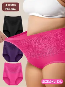 Plus Size Floral Pattern High Waist Panty, Soft Comfy Breathable Tummy Control Knicker for Daily Wear, Women's Underwear for All Seasons, Fashion Comfy Underwear
